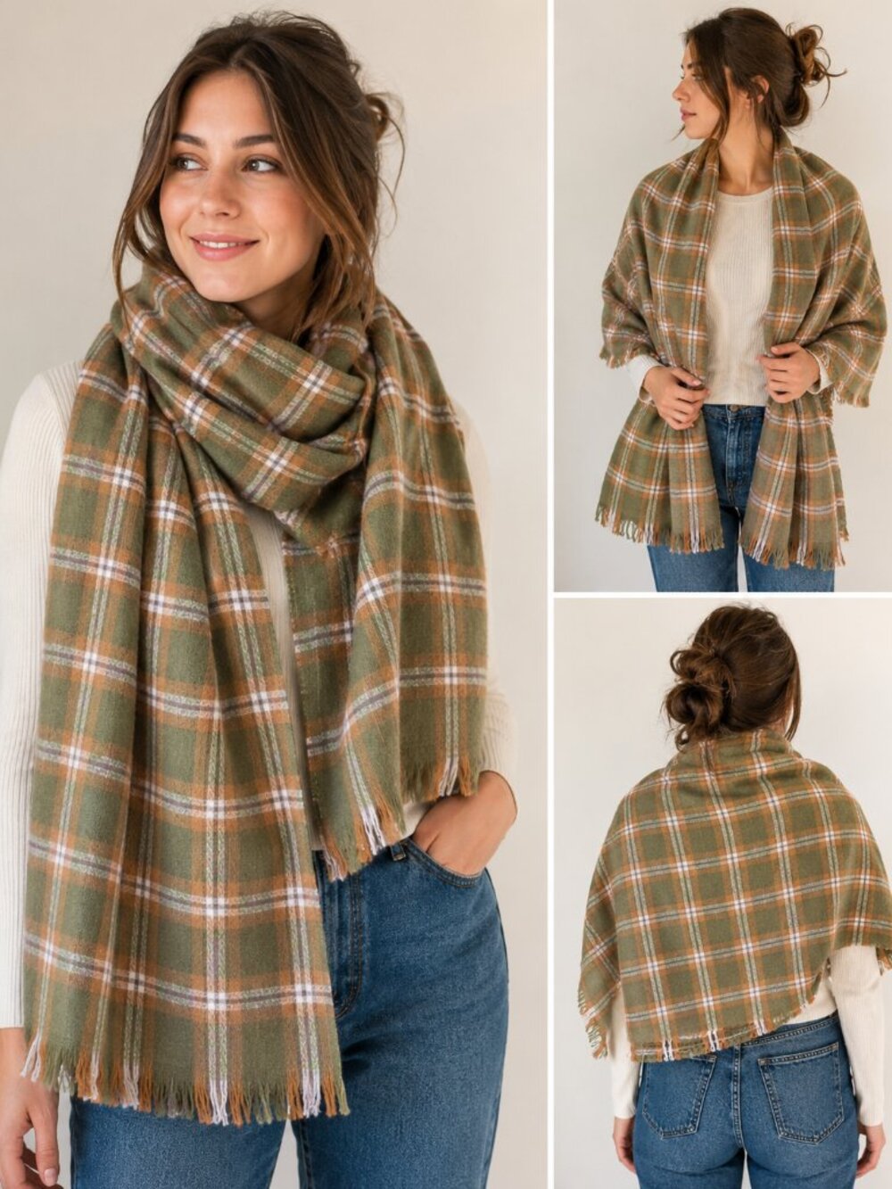 Rubi Oversized Plaid Blanket Scarf Green Beige Fringe Wrap Shawl Australia